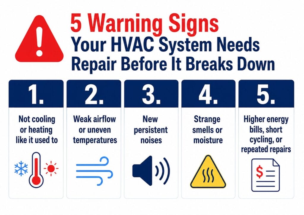 Infographic showing five warning signs an HVAC system needs repair before breaking down.