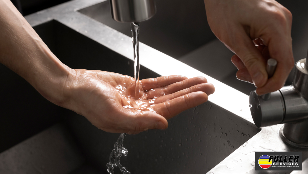 Hand under running faucet with low water pressure in kitchen or bathroom