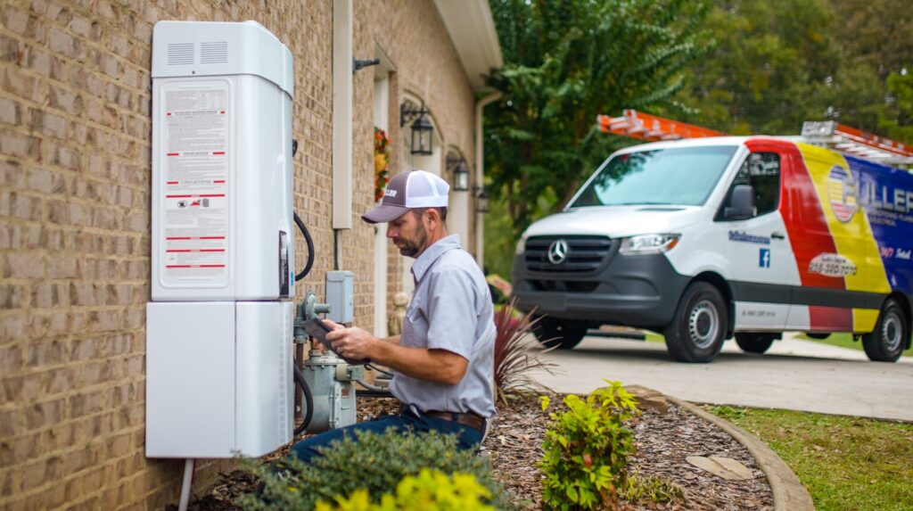 Fuller HVAC professional working outside home with service van in Florence Alabama.