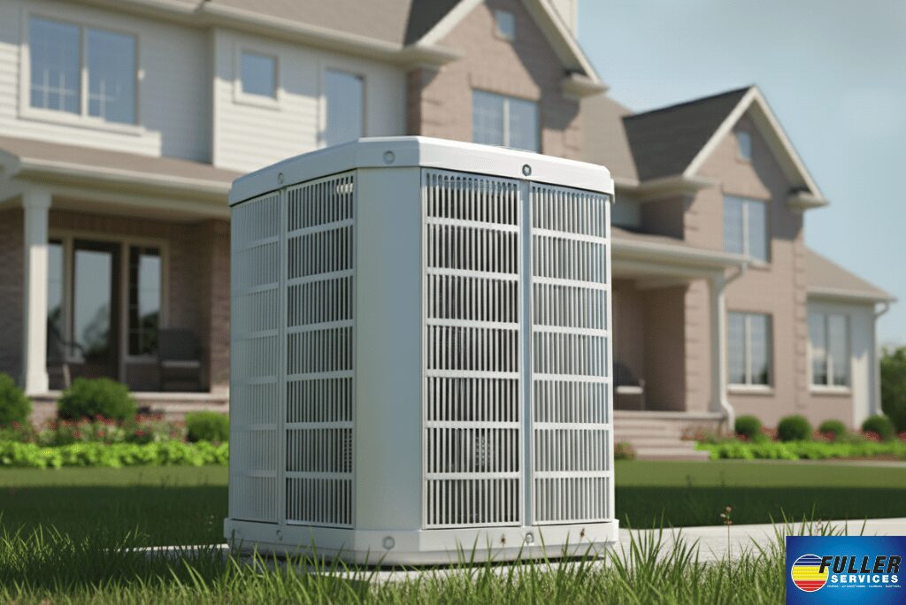 Large HVAC unit outside a multi-family house