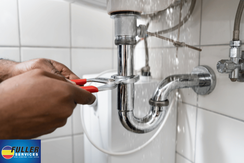 Plumber repairing burst pipe during emergency plumbing service