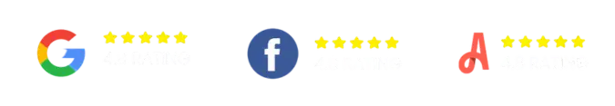 Five-star Google, Facebook, and A-rated review icons highlighting top-rated home service performance.