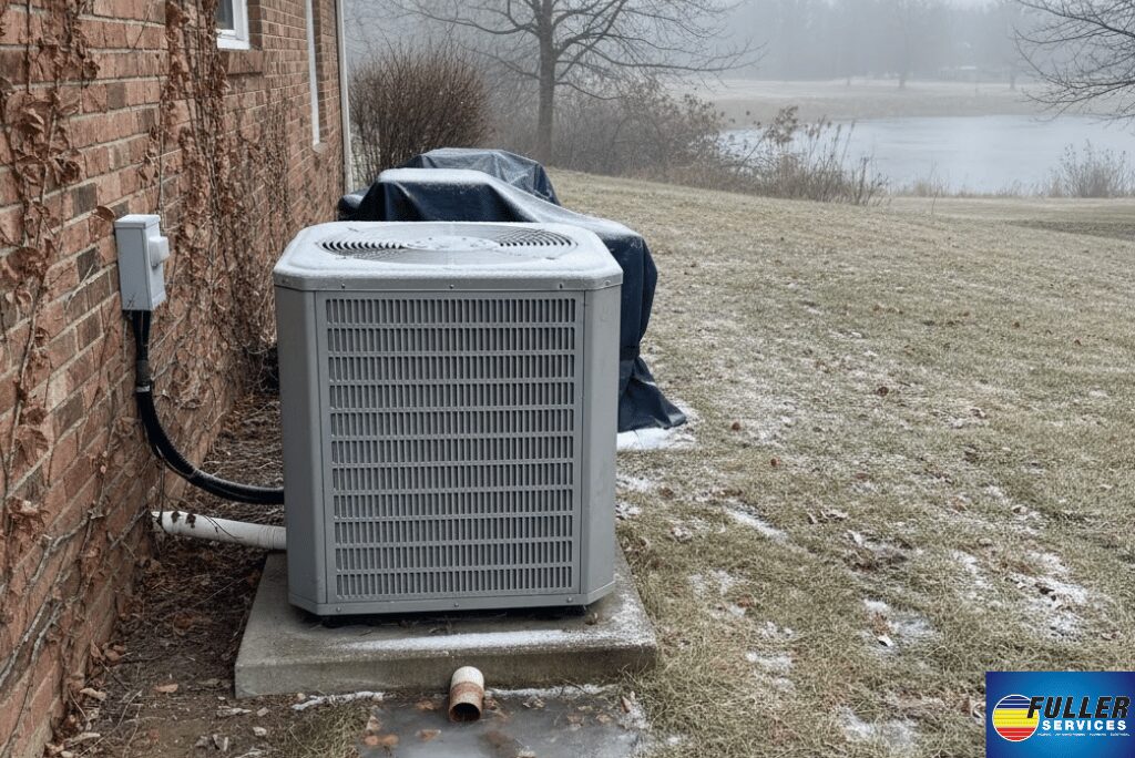 HVAC unit outside a home during winter in North Alabama