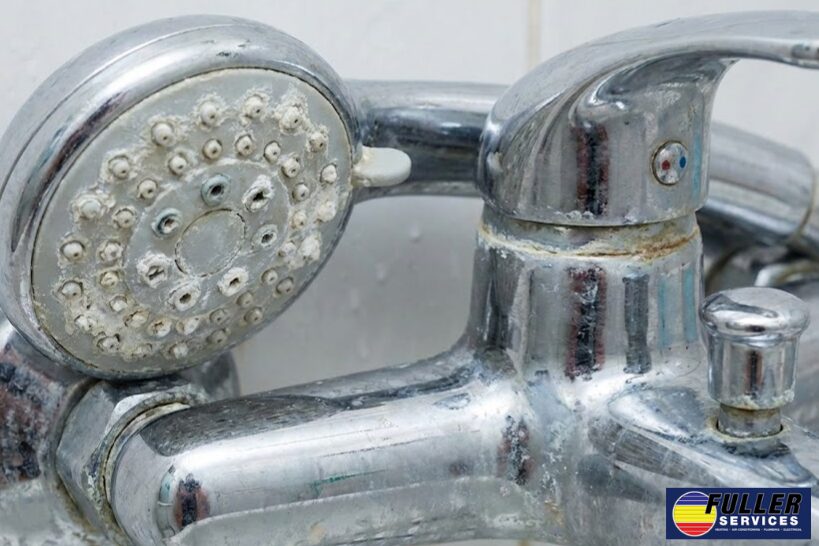 Chalky white mineral buildup on showerhead and faucet caused by hard water