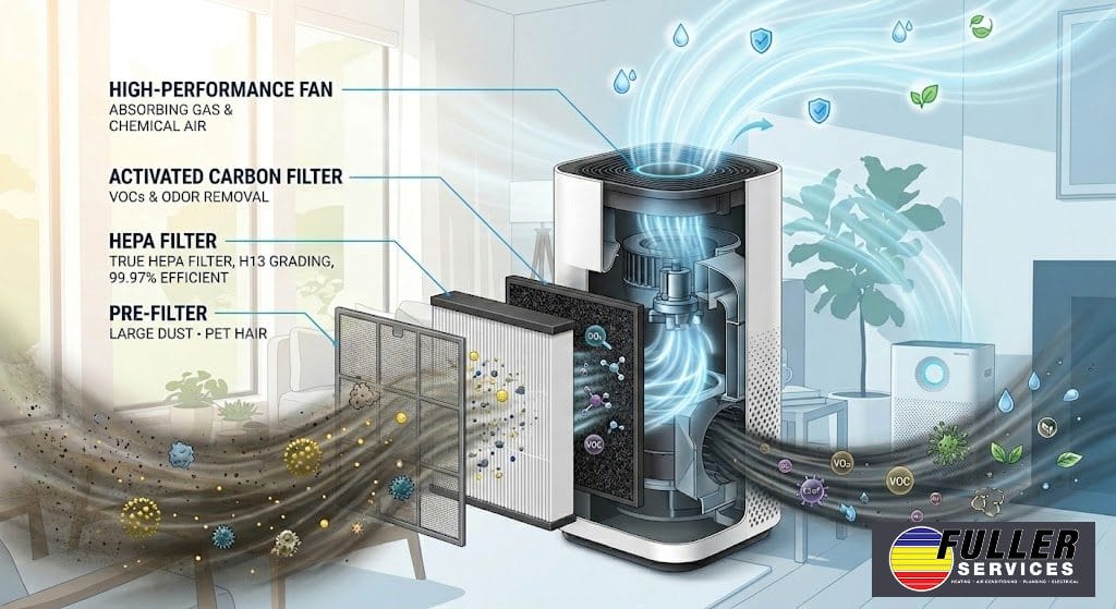 Diagram of a whole-home air purifier's filtration features