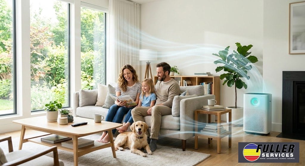 Family relaxing on a couch with their dog in a bright living room while an air purifier circulates clean air through the space.