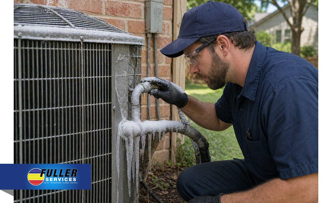 HVAC technician inspecting frozen refrigerant lines with ice buildup on an outdoor air conditioning unit.