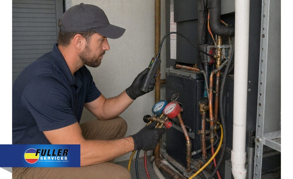 HVAC technician inspecting an indoor unit with diagnostic gauges and a leak detector.