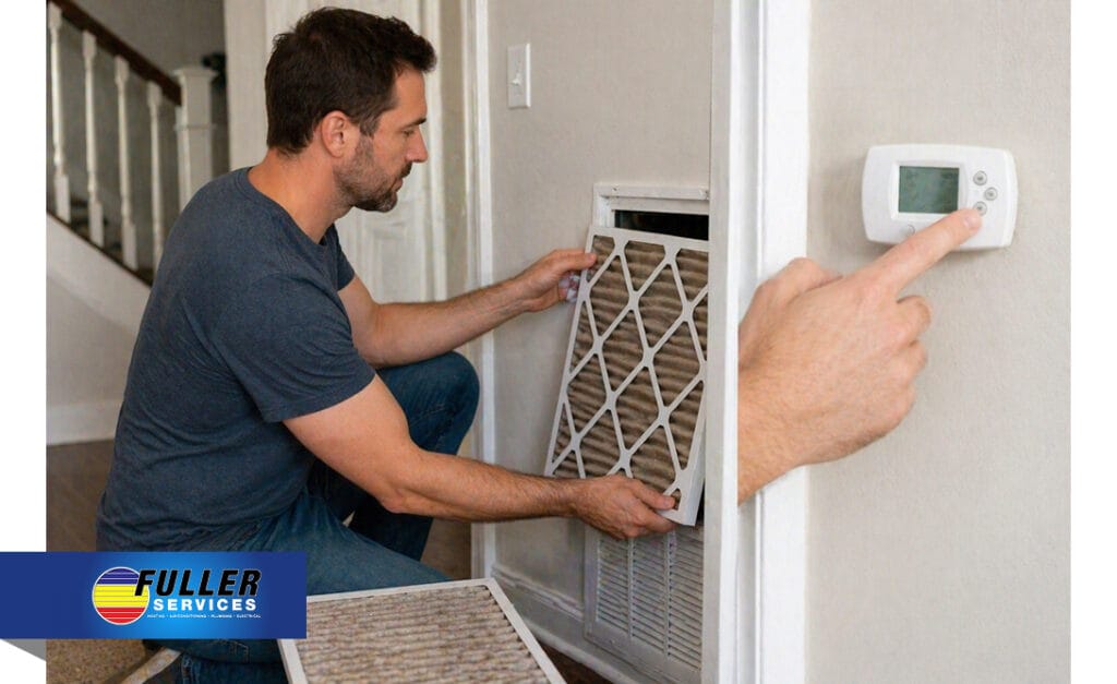 Man replacing a dirty HVAC air filter while adjusting the thermostat inside a home.