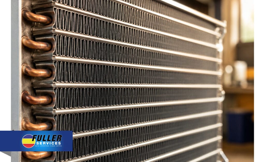 Close-up view of an HVAC evaporator coil with copper tubing and metal fins