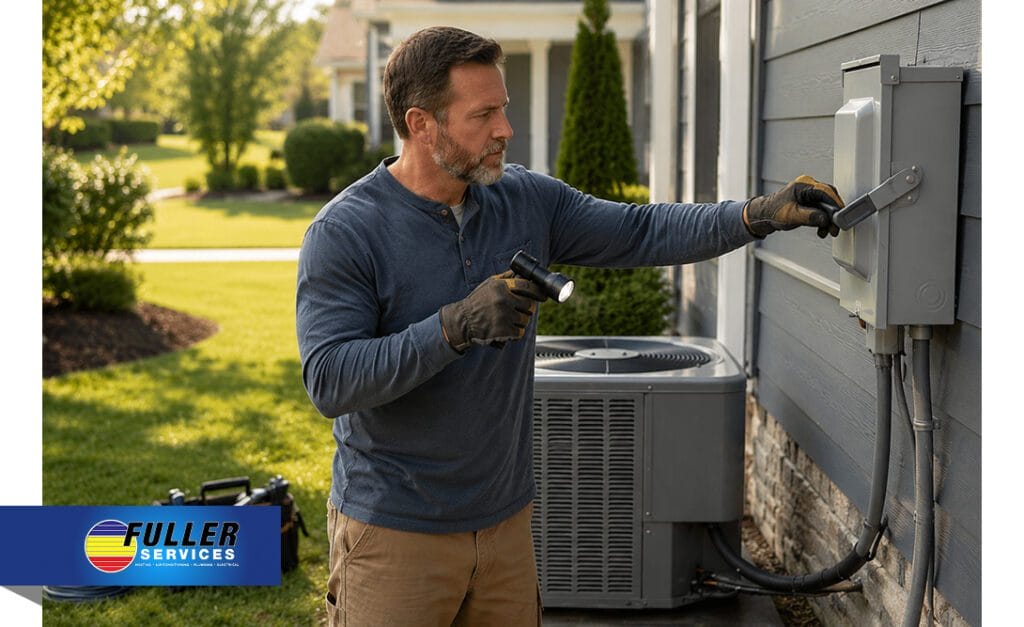 Technician inspecting outdoor HVAC electrical disconnect beside an AC unit
