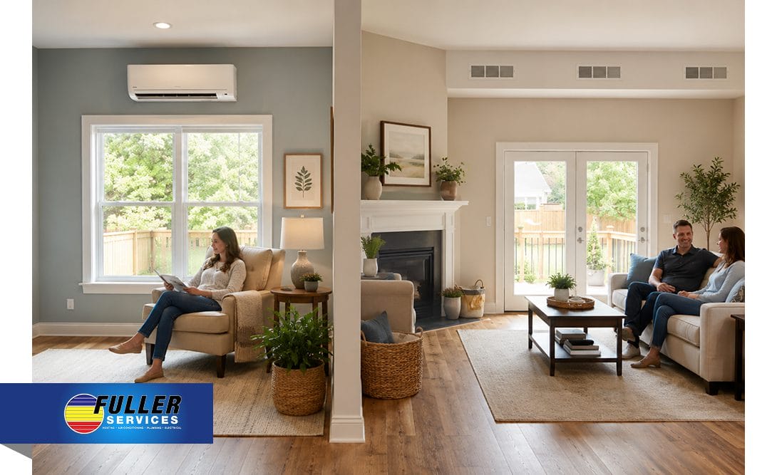 Open living spaces with mini split and central HVAC vents for home comfort
