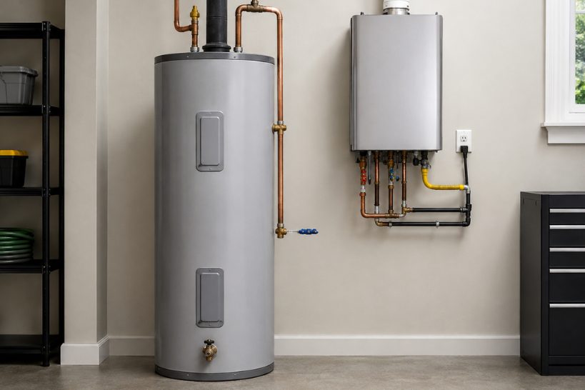 Traditional tank water heater and wall-mounted tankless water heater installed side by side.